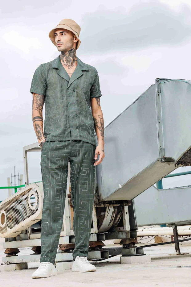 Olive Linen Blend Embroidered Notched Lapel Shirt and All Day Pants Co-ord Set