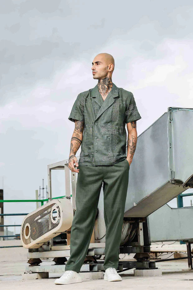 Olive Notched Lapel Linen Embroidered Shirt & Solid Linen All Day Pants Co-ord Set