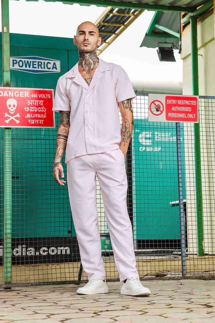 Pink Textured Fabric Notched Lapel Resort Shirt & All Day Pants Co-ord Set