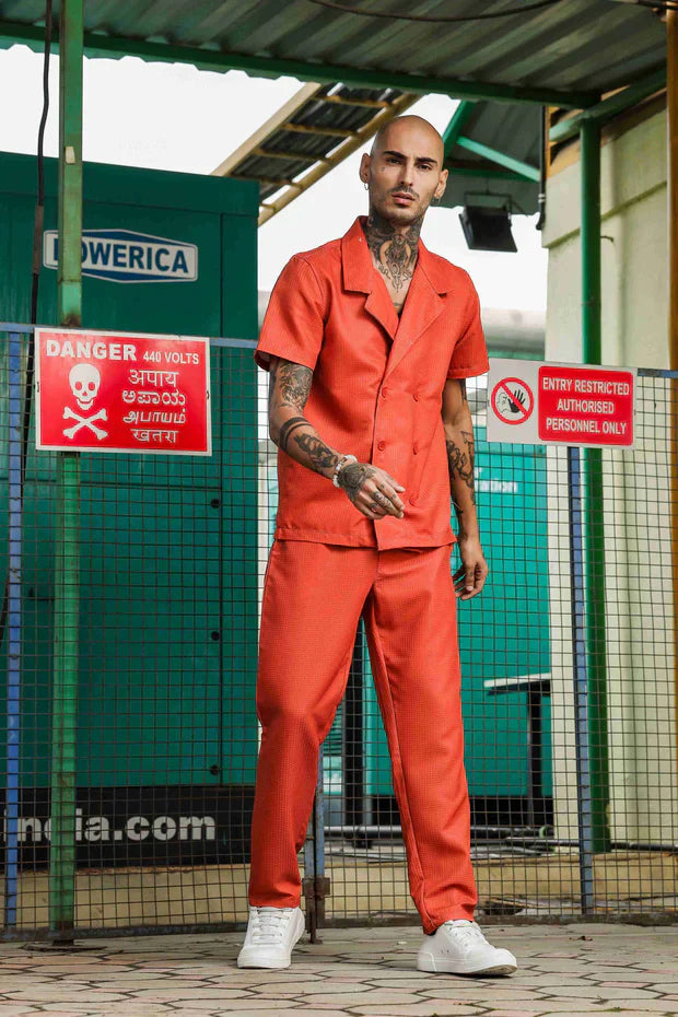 Rust Textured Notched Lapel Collar Shirt with All Day Pants Co-ord Set