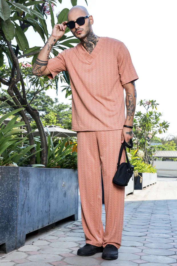 Unisex Brown Textured Oversized V-Neck Tee & Trackpant Co-ord Set