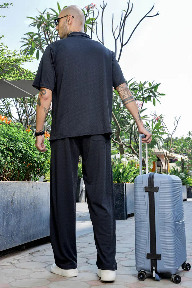 Unisex Black Textured Oversized Polo Neck Tee & Trackpant Co-ord Set