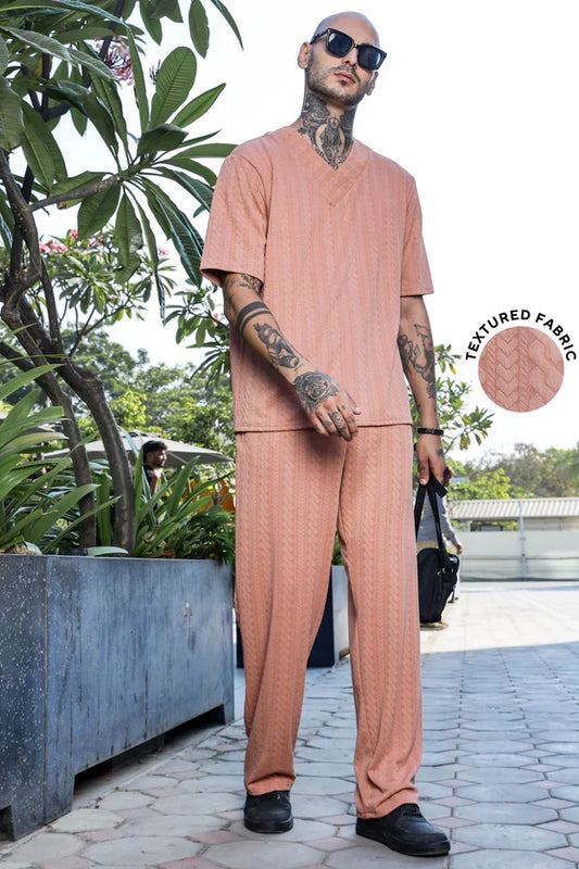 Unisex Brown Textured Oversized V-Neck Tee & Trackpant Co-ord Set