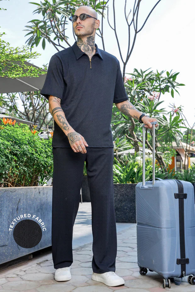 Unisex Black Textured Oversized Polo Neck Tee & Trackpant Co-ord Set