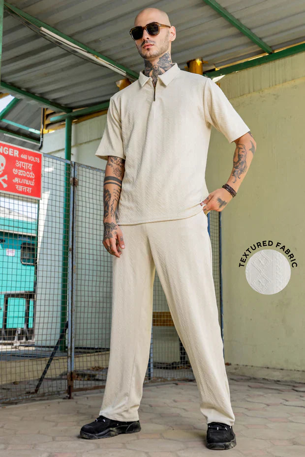 Unisex White Textured Oversized Polo Neck Tee & Trackpant Co-ord Set