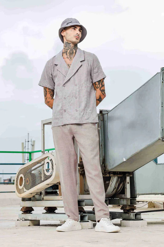 Beige Linen Embroidered Notched Lapel Korean Shirt & Solid Linen All Day Pants Co-ord Set