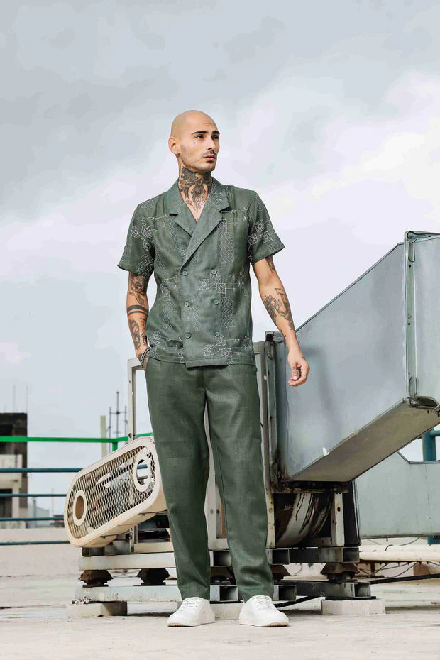 Olive Notched Lapel Linen Embroidered Shirt & Solid Linen All Day Pants Co-ord Set