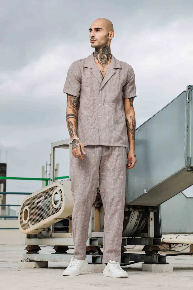 Beige Linen Notched Lapel Shirt & All Day Lounge Pants Embroidered Co-ord Set