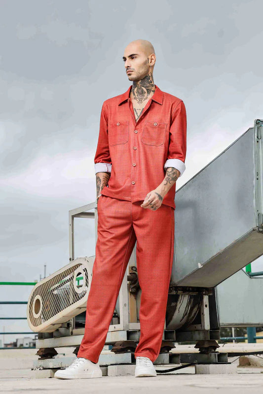 Rust Oversized Textured Fabric Shacket Shirt & All Day Pants Co-ord Set