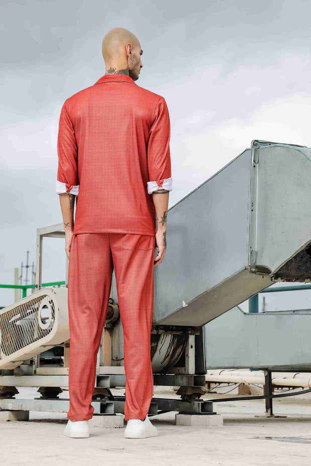 Rust Oversized Textured Fabric Shacket Shirt & All Day Pants Co-ord Set