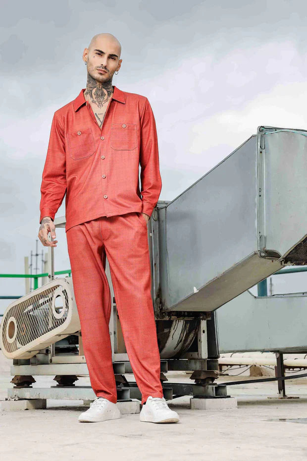 Rust Oversized Textured Fabric Shacket Shirt & All Day Pants Co-ord Set