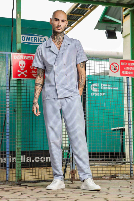 Grey Jacquard Textured Korean Streetwear Notched Lapel Collar Shirt & All Day Pants Striped Co-ord Set