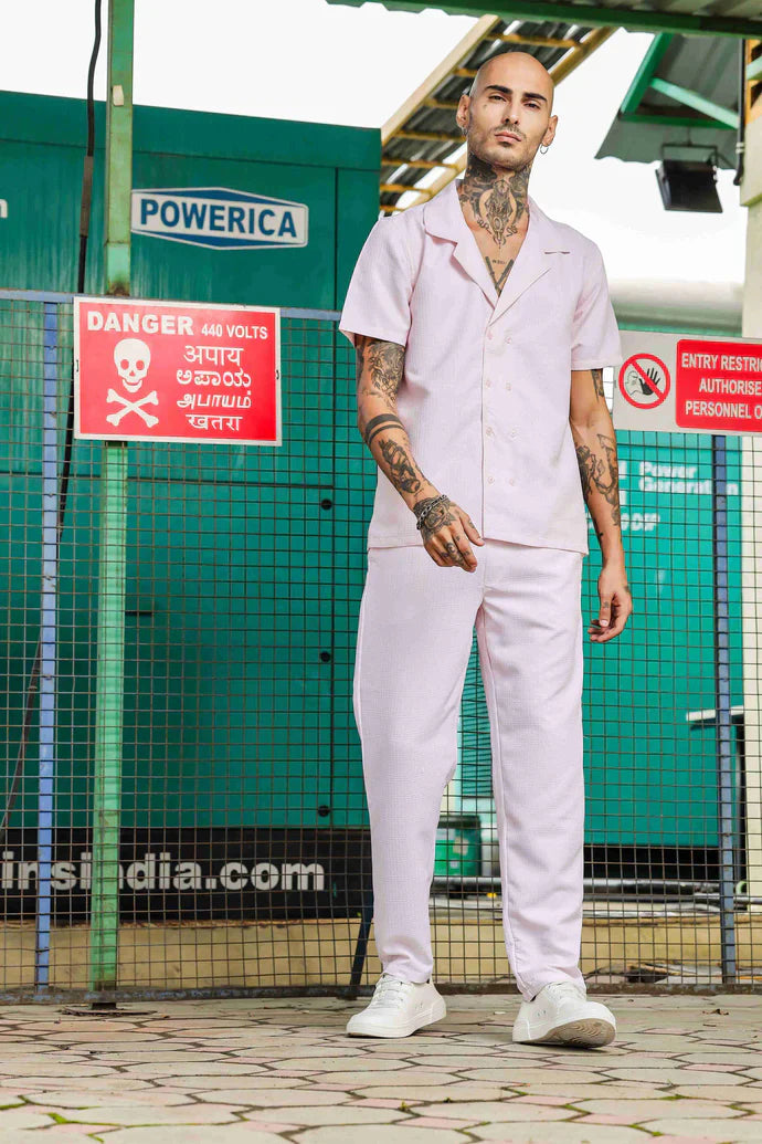 Pink Textured Fabric Notched Lapel Resort Shirt & All Day Pants Co-ord Set