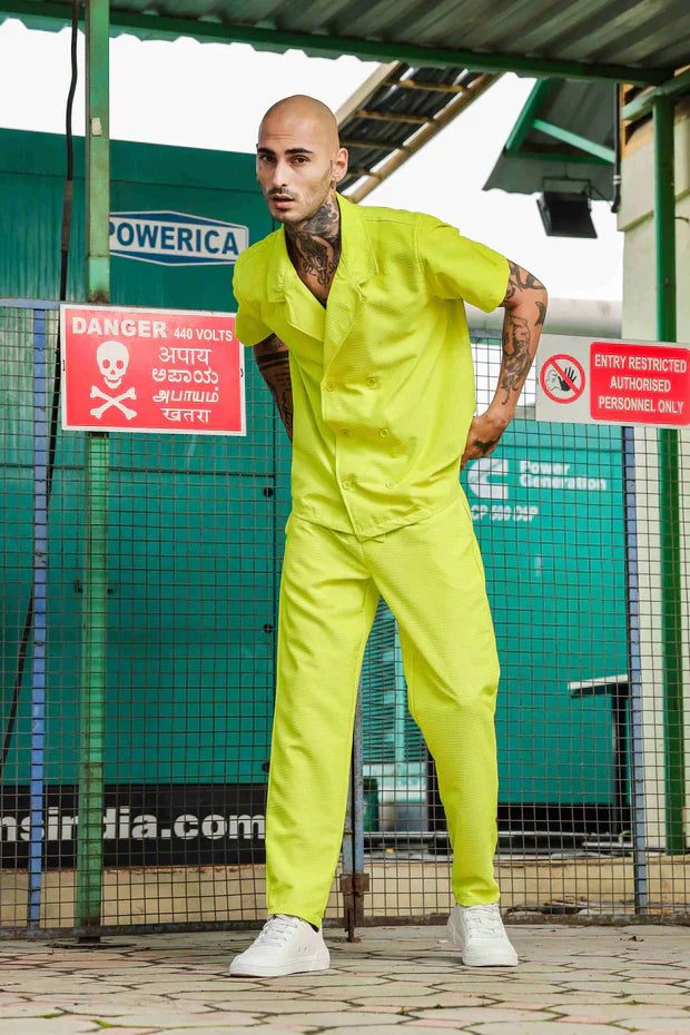 Lime Green Textured Fabric Notched Lapel Collar Relaxed Fit Co-ord Set