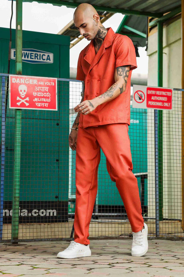 Rust Textured Notched Lapel Collar Shirt with All Day Pants Co-ord Set