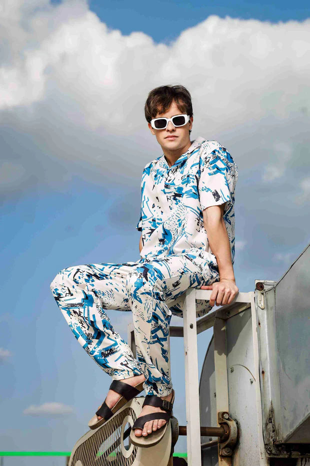 Off White Relaxed Fit Cuban Collar Shirt & All Day Pants Abstract Printed Co-ord Set