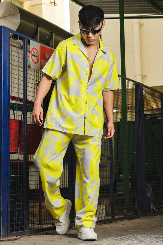 Yellow and Grey Splatter Print Relaxed Fit Co-Ord Set