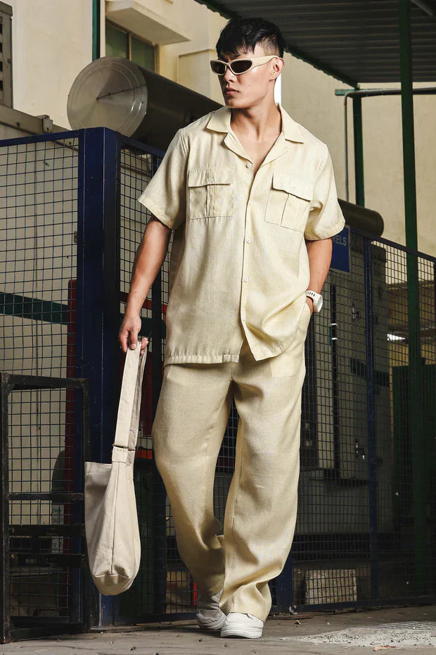 Beige Linen Casual Relaxed Fit Short Sleeve Shirt & Gurkha Pants Co-Ord Set