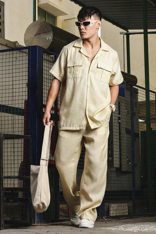 Beige Linen Casual Relaxed Fit Short Sleeve Shirt & Gurkha Pants Co-Ord Set