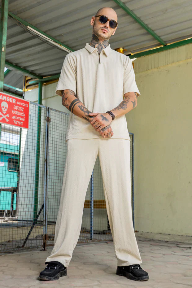 Unisex White Textured Oversized Polo Neck Tee & Trackpant Co-ord Set