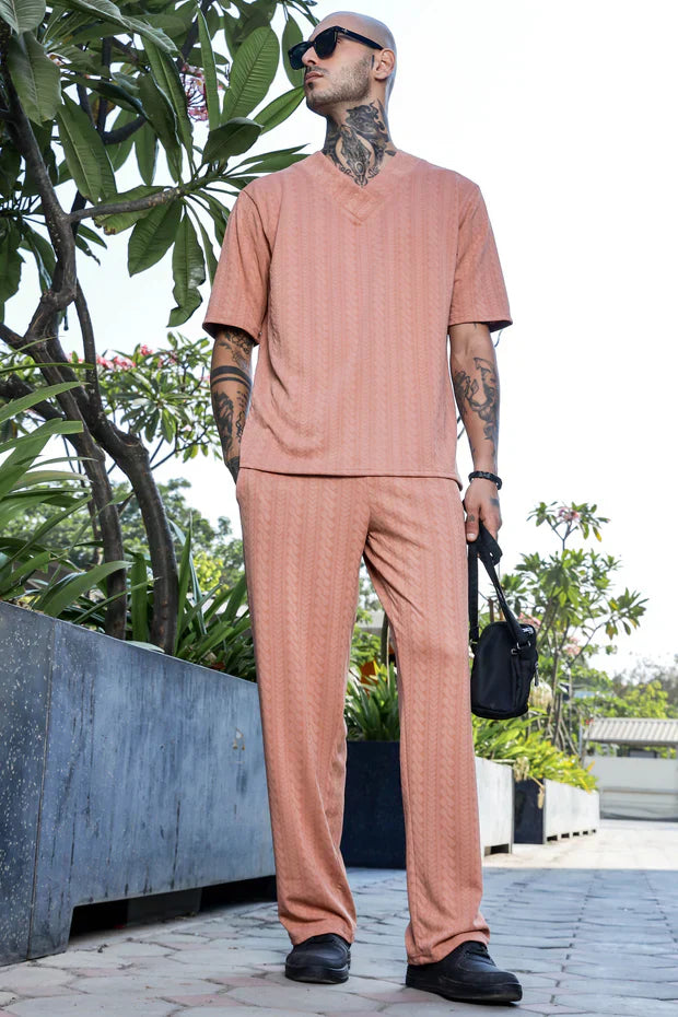 Unisex Brown Textured Oversized V-Neck Tee & Trackpant Co-ord Set