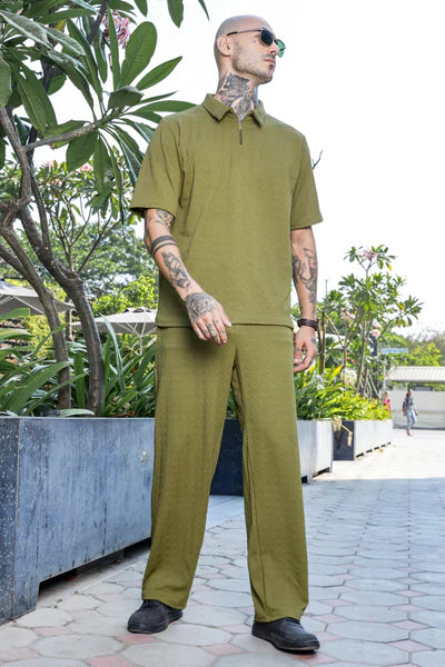 Olive Textured Oversized Polo Neck Tee & Track-pant Co-ord Set