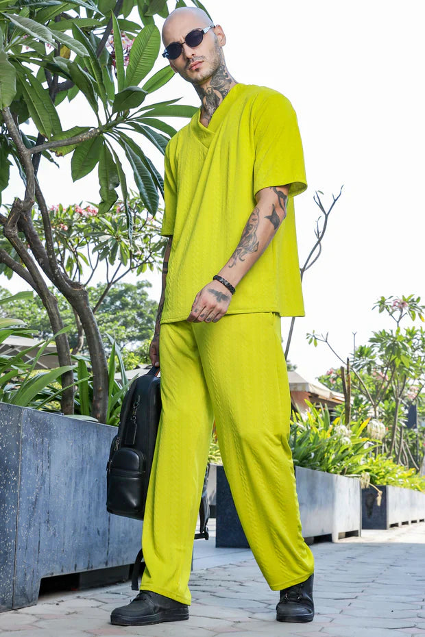 Unisex Lime Green Textured Oversized V-Neck Tee & Trackpant Co-ord Set