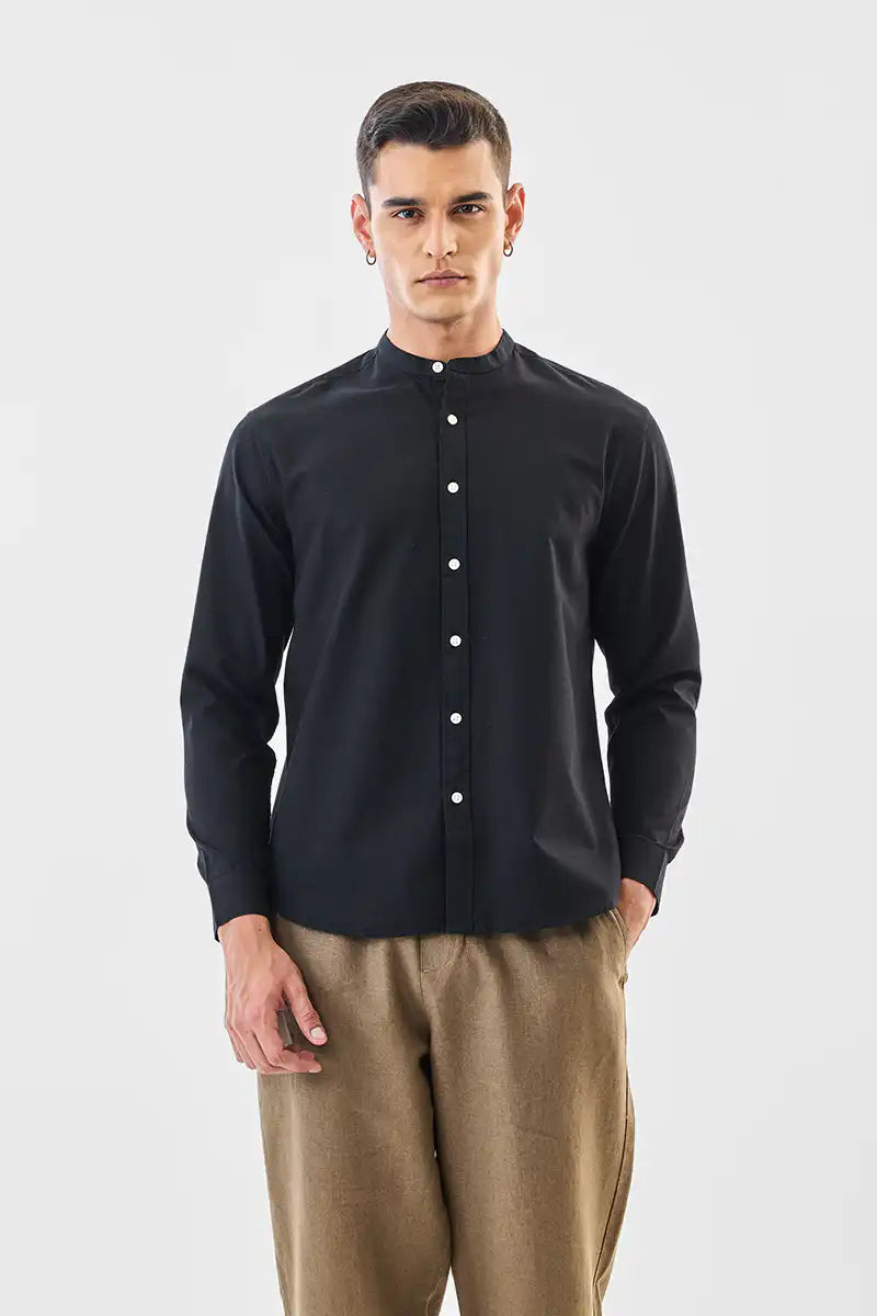 Linen Blend Mandarin Collar Shirt