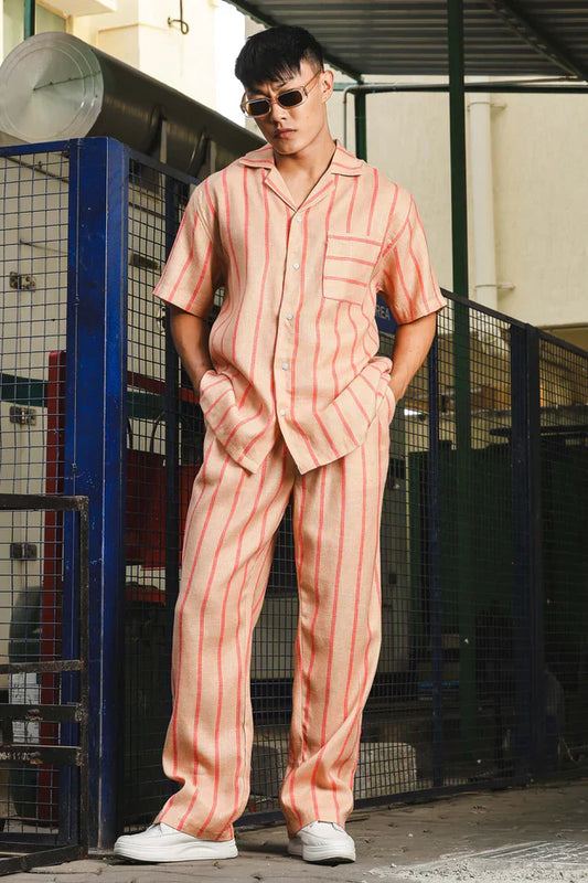 Beige & Orange Linen Blend Casual Relaxed Fit Short Sleeve Shirt & Gurkha Pants Co-Ord Set