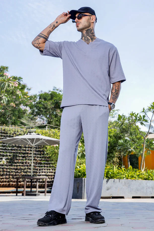 Unisex Grey Textured Oversized V-Neck Tee & Trackpant Co-ord Set