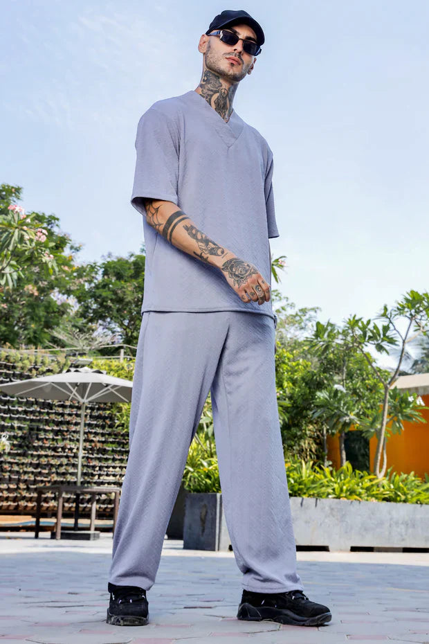 Unisex Grey Textured Oversized V-Neck Tee & Trackpant Co-ord Set
