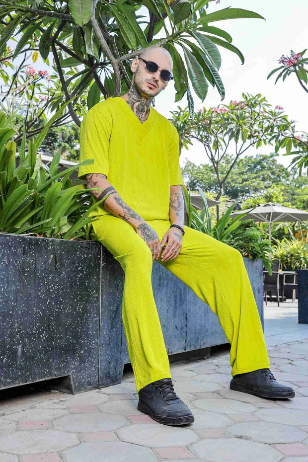 Unisex Lime Green Textured Oversized V-Neck Tee & Trackpant Co-ord Set