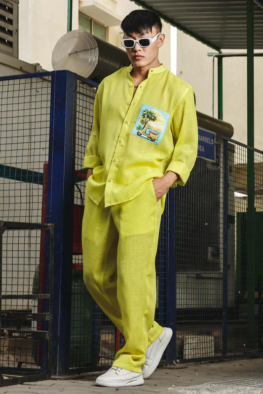 Lime Green Linen Blend Casual Relaxed Fit Mandarin Collar Shirt & All Day Pants Co-Ord Set