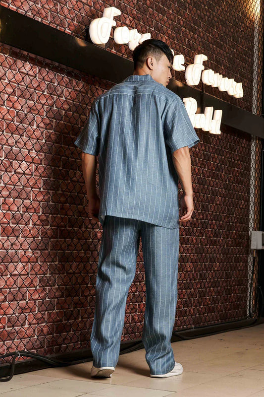 Blue Linen Blend Casual Relaxed Fit Short Sleeve Shirt & Gurkha Pants Co-Ord Set